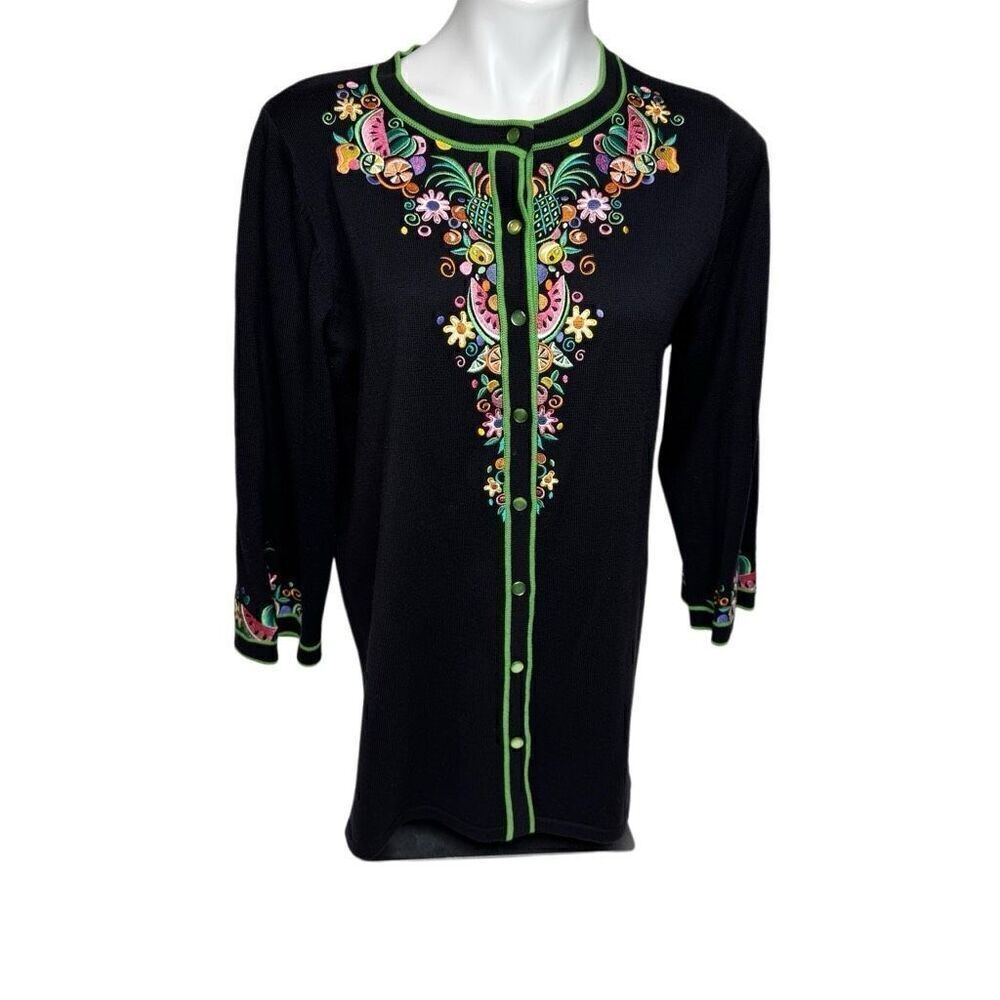 Bob Mackie black fruit embroidered 3/4 sleeve button up cardigan size M